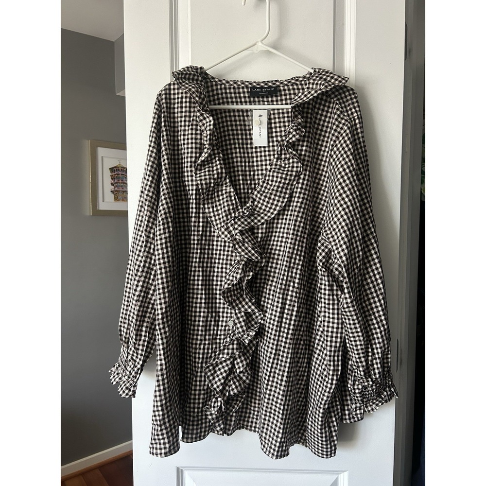 NWT Lane Bryant Bracelet-Sleeve Ruffle Button Front Blouse Checked Size 28 Plus